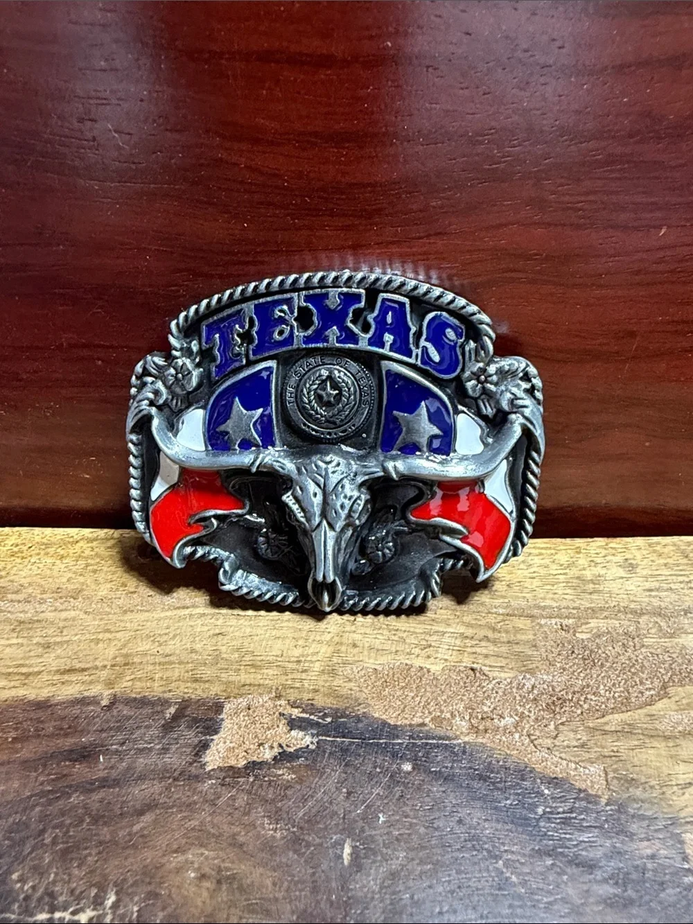 Texas Longhorn Western Belt Buckle - Blue & Red Enamel